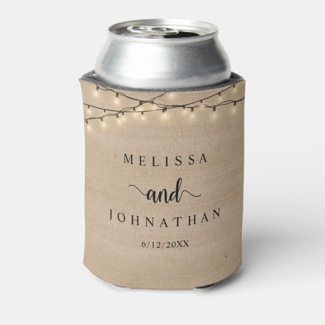 Wedding Dinner and Party, Rustic String Lights Can Cooler (Can Back)