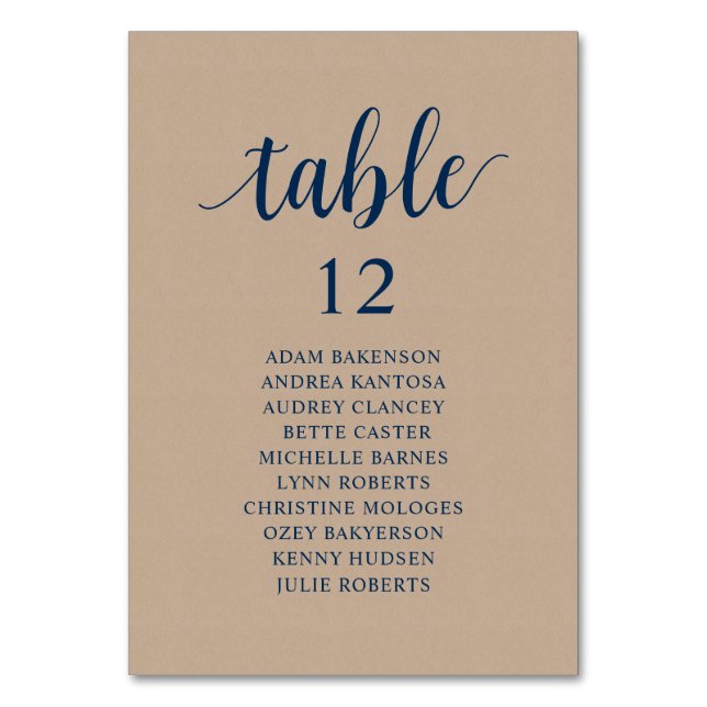 Wedding Dinner, Brown Kraft Seating Chart Table Nu Table Number (Front)