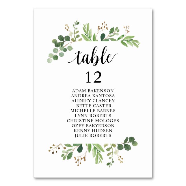 Wedding Dinner,  Greenery Guests Seating Chart Tab Table Number (Front)