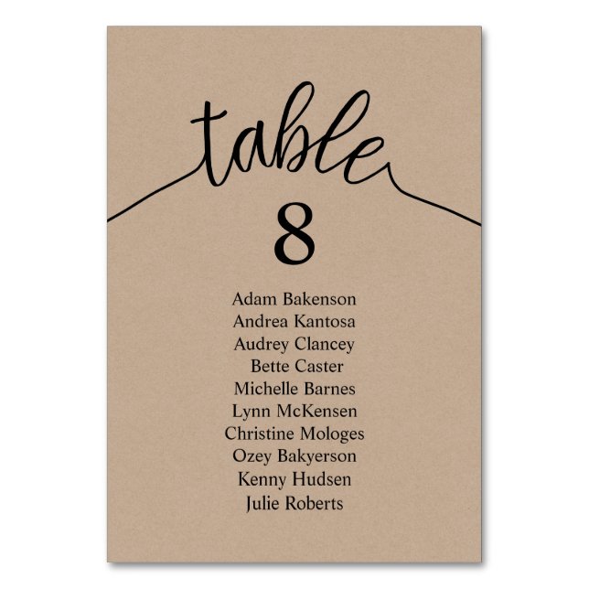 Wedding Dinner Guest Table Chart, Brown Kraft Card (Front)