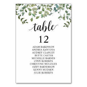Wedding Dinner, Guests Seating Chart, Greenery Table Number