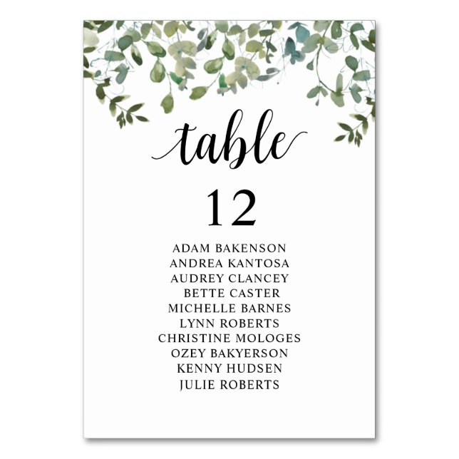 Wedding Dinner, Guests Seating Chart, Greenery Table Number (Front)