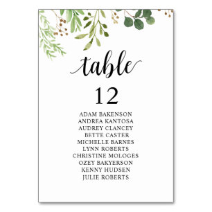 Wedding Dinner, Guests Seating Chart, Greenery Table Number