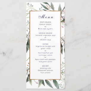 Wedding dinner menu green leaf gold frame elegant