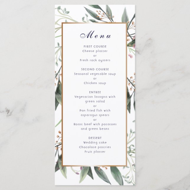 Wedding dinner menu green leaf gold frame elegant (Front)