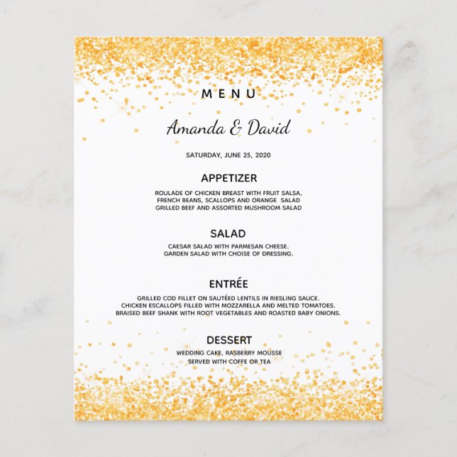 Wedding dinner menu white gold confetti budget (Front)