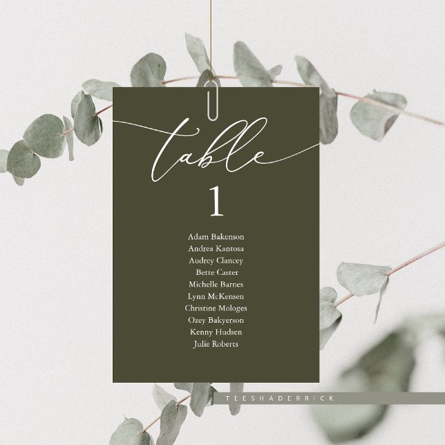 Wedding Dinner, Modern Guest Seating Chart Table Number (Elopement Wedding Dinner,  Guest Seating Chart Card, in Dark Olive Green, Table No and Guest Names)