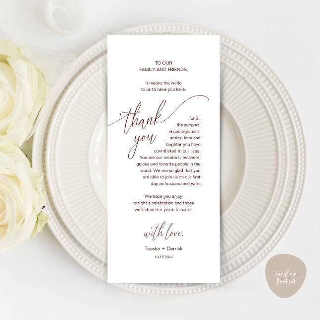 Wedding Dinner Place Setting Modern Thank You Card (Modern Wedding Dinner Brunch Place Setting Thank You Card romantic in aesthetic burgundy red)