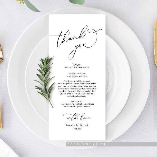 Wedding Dinner, Place Setting Thank You Card (Wedding Dinner or Elopement Brunch Place Setting Thank You Card, In Modern Classy Romantic themed)