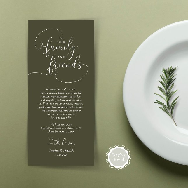 Wedding Dinner Place Setting Thank You Card (To Our Family and Friends, Wedding Dinner Place Setting Thank You Card, Modern, Olive Green)