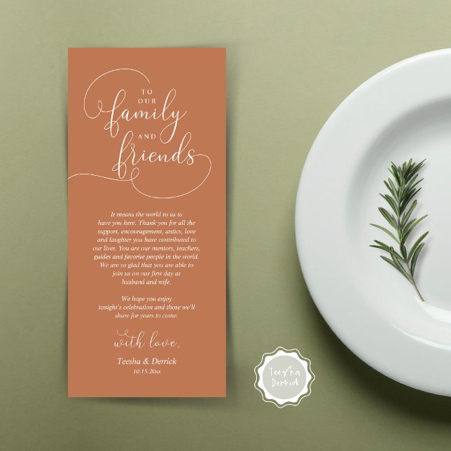 Wedding Dinner Place Setting Thank You Card (To Our Family and Friends, Wedding Dinner Place Setting Thank You Card, Modern, Copper Brown Rust)