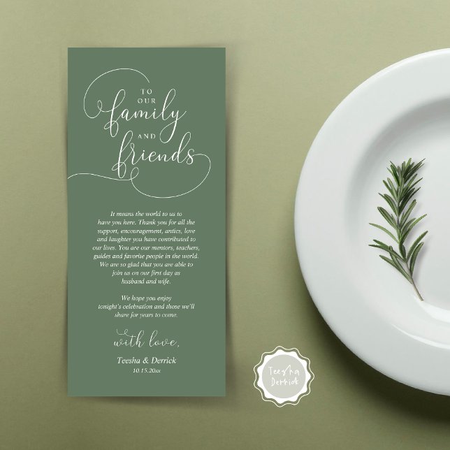 Wedding Dinner Place Setting Thank You Card (To Our Family and Friends, Wedding Dinner Place Setting Thank You Card, Modern, Forest Sage Green)