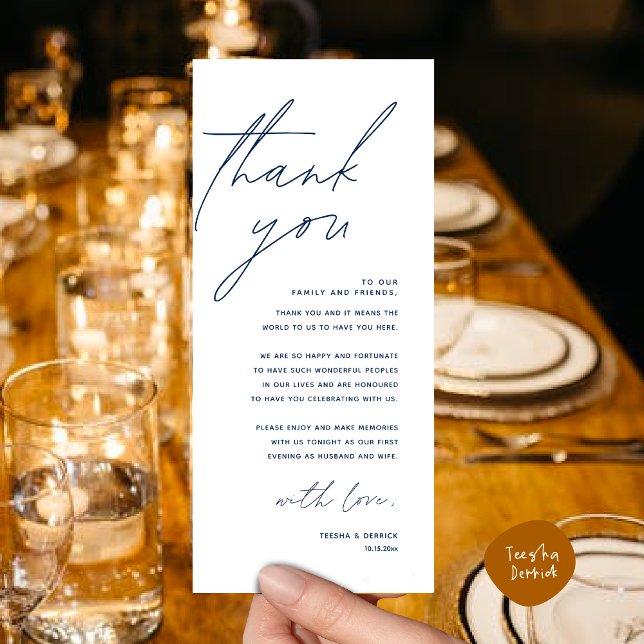 Wedding Dinner Place Setting Thank You Card (Romantic Wedding Dinner Lunch Brunch Party Place Setting Thank You Card in Classy Navy Blue)