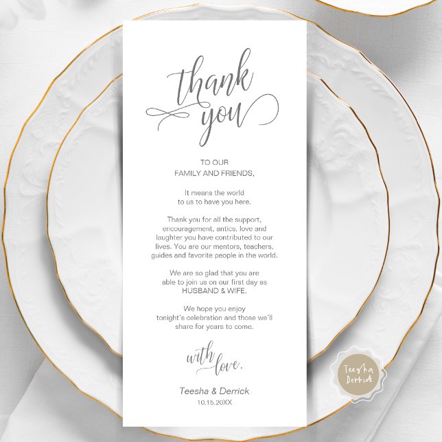 Wedding Dinner, Place Setting Thank You Cards (Wedding Dinner, Place Setting Thank You Card, in Modern Classy Script, Dark Grey.)