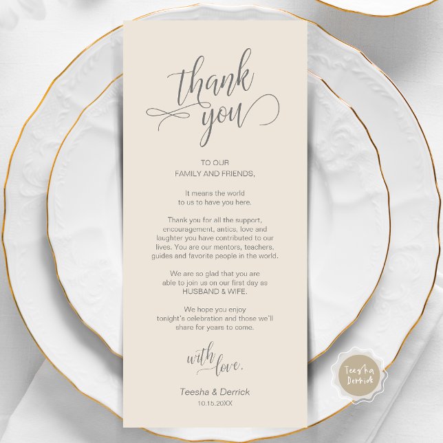 Wedding Dinner, Place Setting Thank You Cards (Wedding Dinner, Place Setting Thank You Card, in Modern Classy Script, Grey and Cream.)