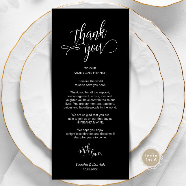 Wedding Dinner, Place Setting Thank You Cards (Wedding Dinner, Place Setting Thank You Card, in Modern Classy Script, Classy Black.)
