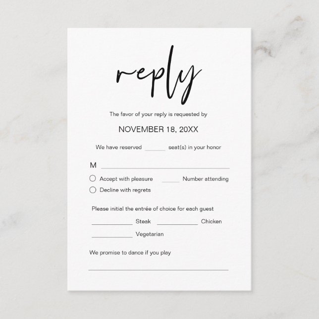 Wedding Dinner RSVP, meal options, song request En Enclosure Card (Front)