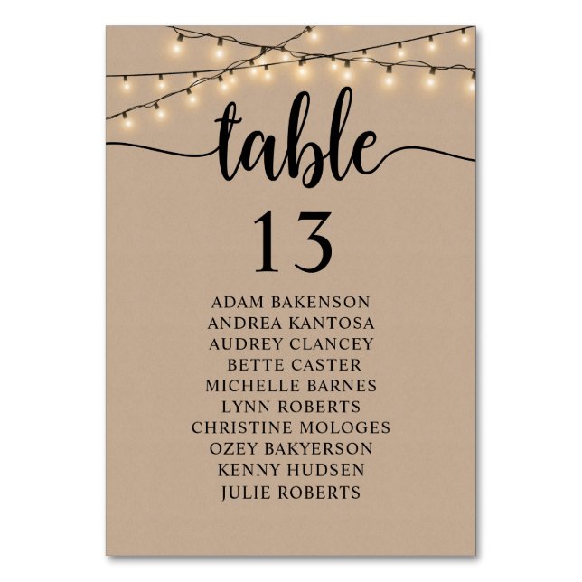 Wedding Dinner, Rustic Kraft, Guests Seating Chart Table Number (Front)