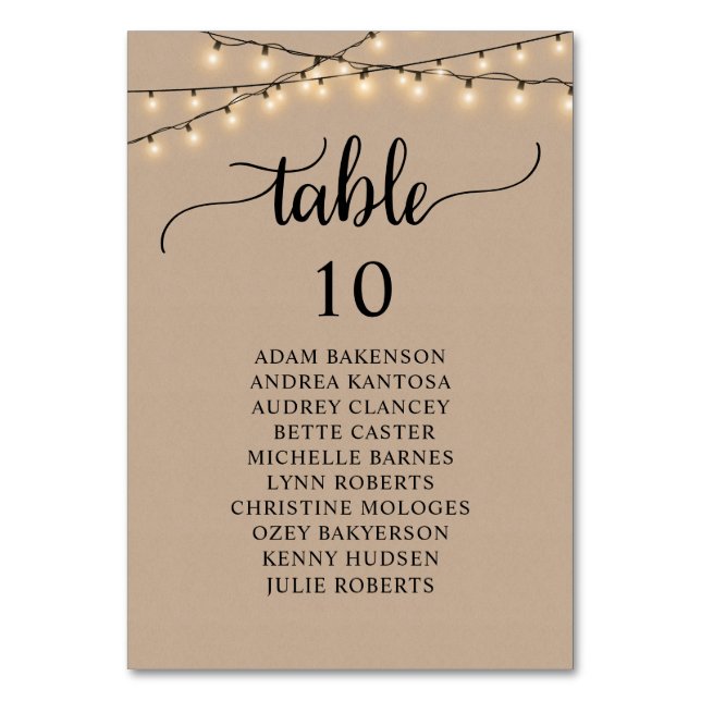 Wedding Dinner, Rustic Kraft Guests Seating Chart  Table Number (Front)
