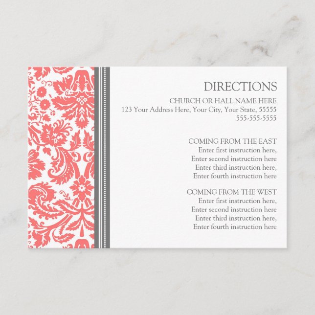 Wedding Direction Cards Coral Grey Damask (Front)