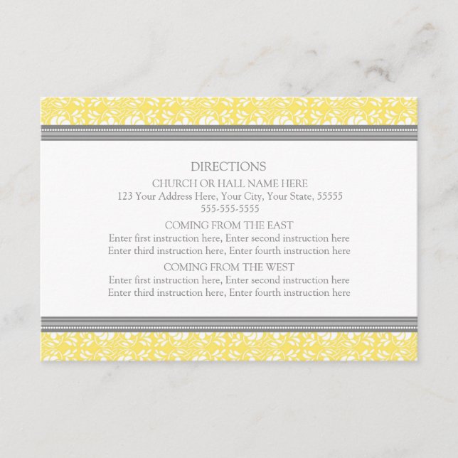 Wedding Direction Cards Lemon Grey Damask (Front)