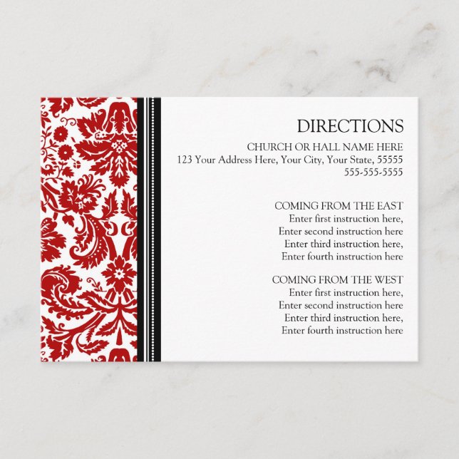 Wedding Direction Cards Red Black Damask (Front)