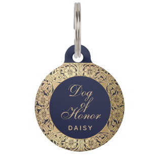 Wedding Dog of Honour Navy Blue Vintage Gold Roses Pet Tag