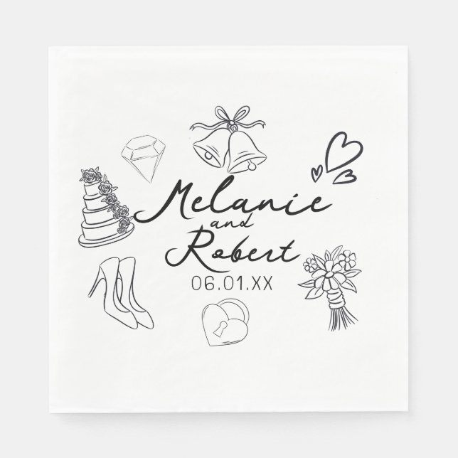 Wedding Doodle Save the Dates Wedding Anniversary  Napkin (Front)