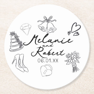 Wedding Doodle Save the Dates Wedding Anniversary  Round Paper Coaster
