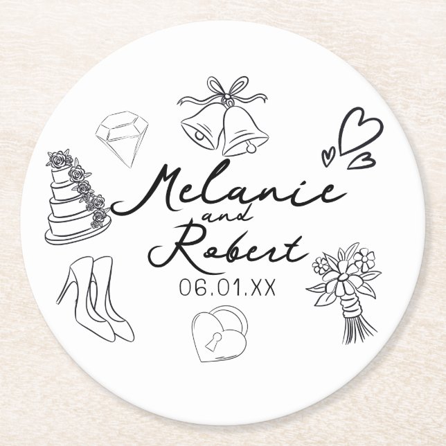 Wedding Doodle Save the Dates Wedding Anniversary  Round Paper Coaster (Front)