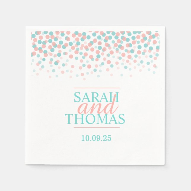 Wedding dot confetti coral teal custom napkins (Front)