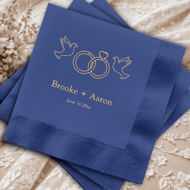 Wedding Doves and Rings Couple's Names & Date Foil Napkins (Creator Uploaded)