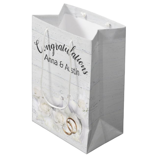 Wedding Doves and Rings On White Wood  Medium Gift Bag (Front Angled)