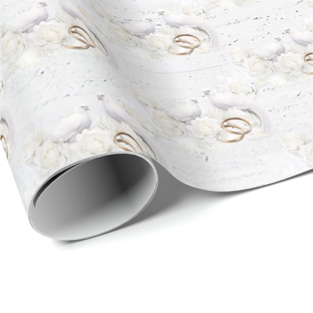 Wedding Doves and Rings On White Wood Wrapping Paper (Roll Corner)