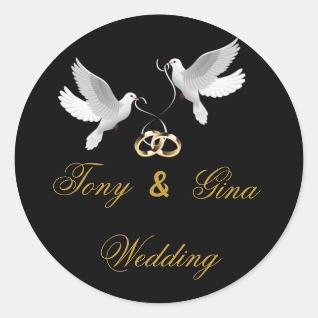 Wedding Doves Custom Wedding Black Round Stickers (Front)