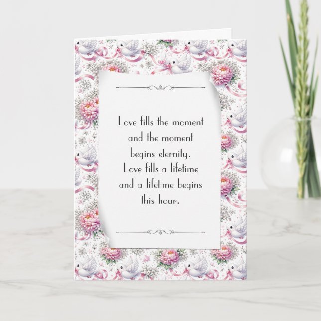 Wedding Doves with Ribbons and Peonies Card (Front)