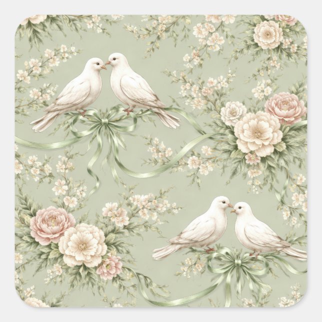 Wedding Doves with Roses and Ribbons Square Sticker (Front)