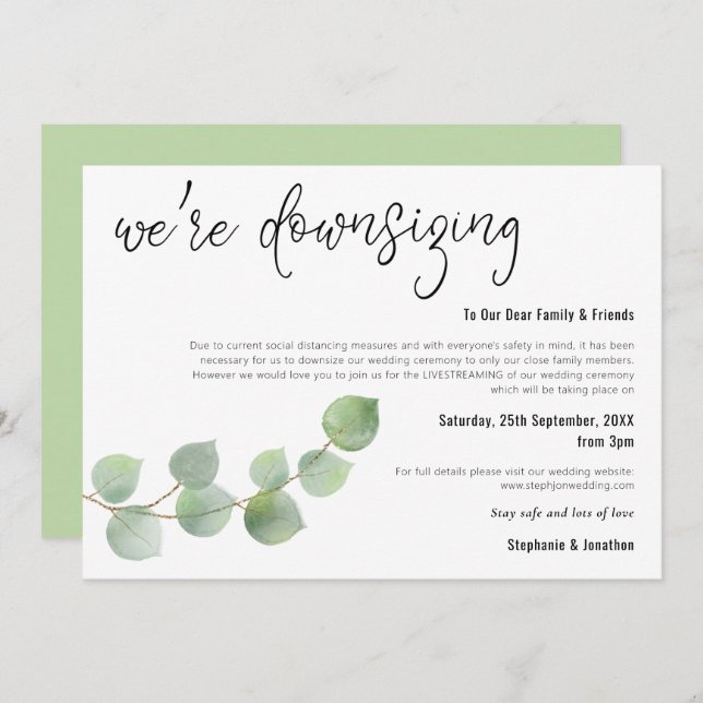 Wedding Downsizing Script Elegant Eucalyptus Announcement (Front/Back)