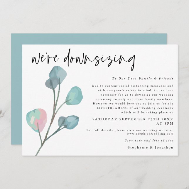 Wedding Downsizing Script Modern Eucalyptus Announcement (Front/Back)