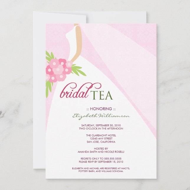 Wedding Dress Bridal Shower Tea Invitation (pink) (Front)