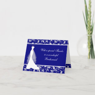 Wedding dress, damask on royal blue Thank you Card