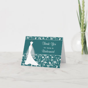 Wedding dress, damask on teal Thank you Card
