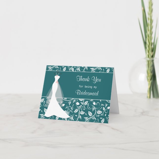 Wedding dress, damask on teal Thank you Card (Front)