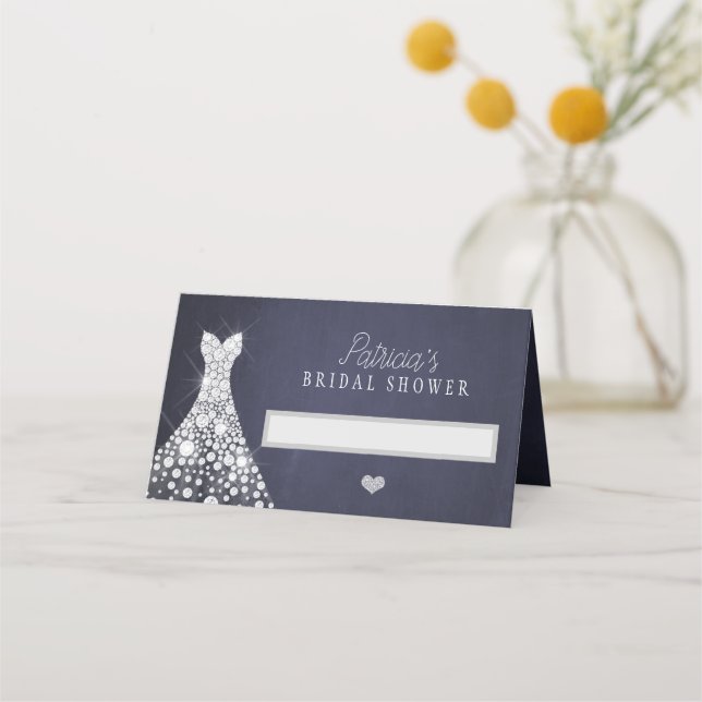 Wedding dress elegant navy bridal shower chic place card (Front)