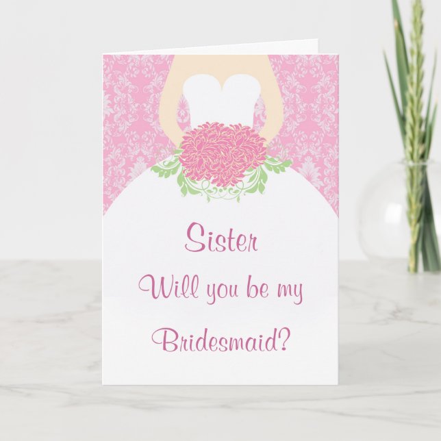 Wedding dress, flowers, pink damask Bridesmaid Invitation (Front)