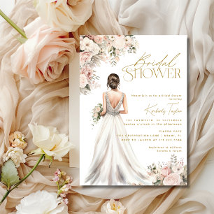 Wedding Dress Gown Brunette Floral Bridal Shower Invitation