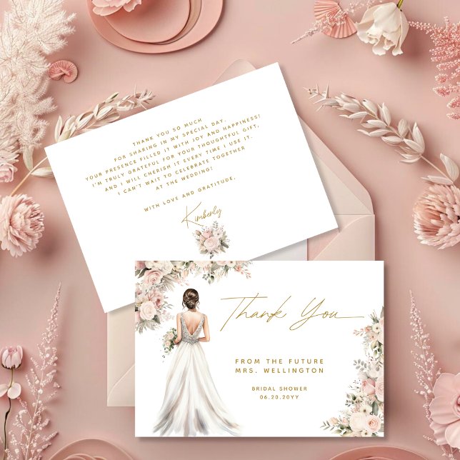 Wedding Dress Gown Brunette Floral Bridal Shower Thank You Card (Creator Uploaded)