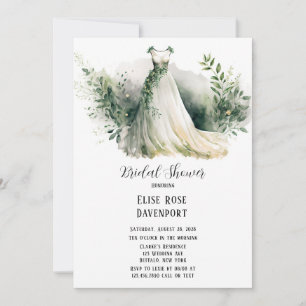 Wedding Dress Greenery Watercolor Bridal Shower Invitation