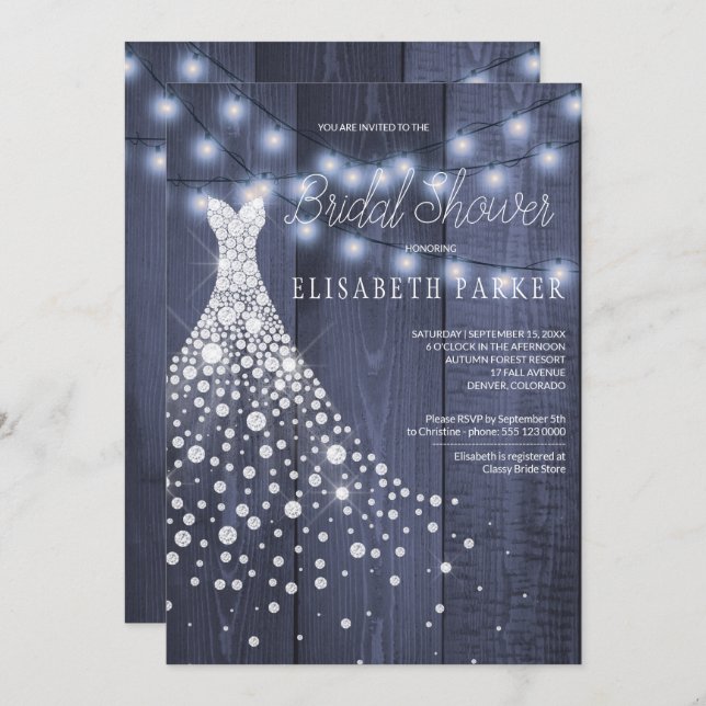 Wedding Dress Navy Barn Wood Winter Bridal Shower Invitation (Front/Back)