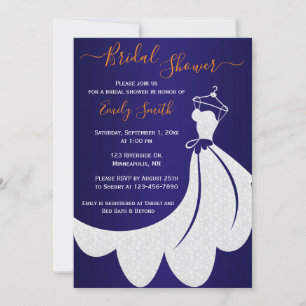 Wedding Dress   Navy Blue and Orange Bridal Shower Invitation
